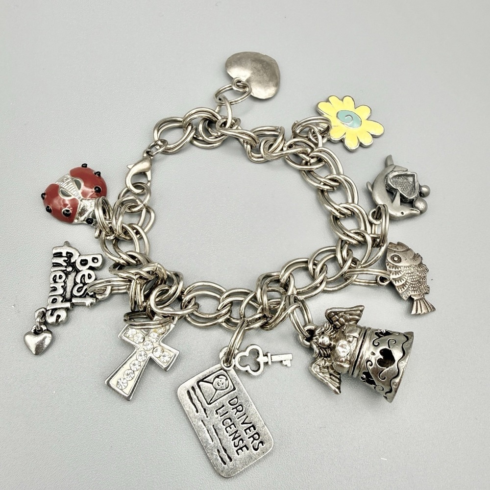 Chunky Double Link 10 Charm‎ Bracelet Some Sterling Drivers License Cross Heart